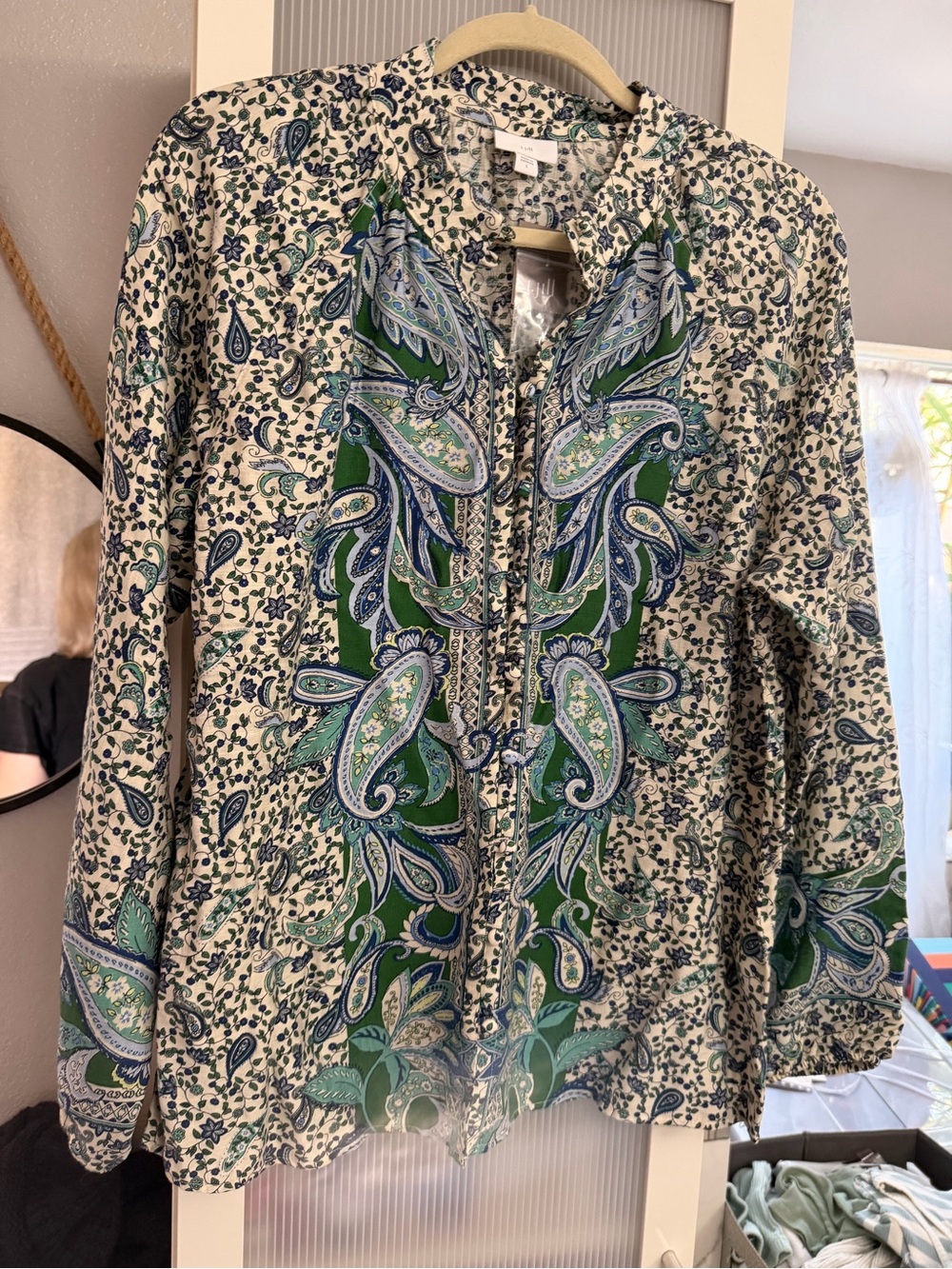 J. Jill Paisley Floral Button Front Blouse | Size Large | Blue Green Boho Print